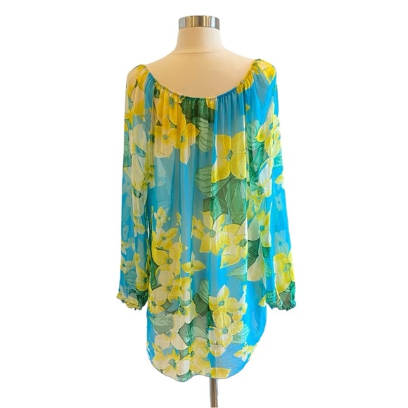 Silk Floral Hawaiian Printed Sheer Long Sleeeve Lightweight Blouse Tie Front - Picture 8 of 13